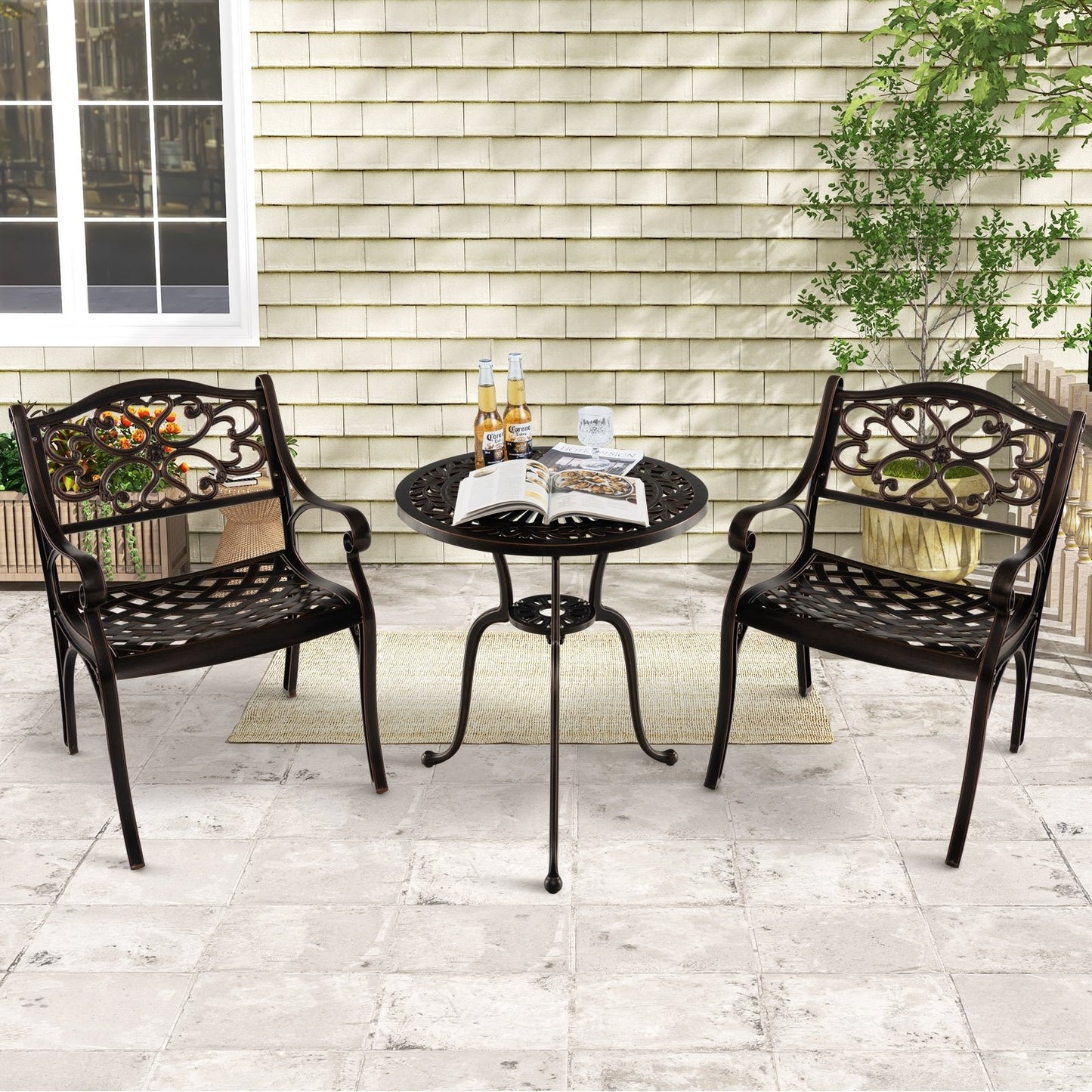 Cast Aluminum Patio Chairs Set of 2 Dining Chairs with Armrests Diamond Pattern-Bronze