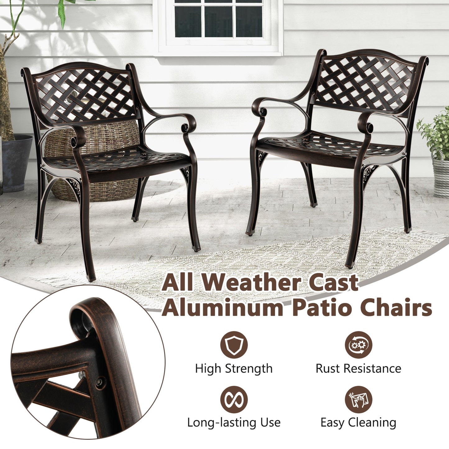 Cast Aluminum Patio Chairs Set of 2 Dining Chairs with Armrests Diamond Pattern-Bronze
