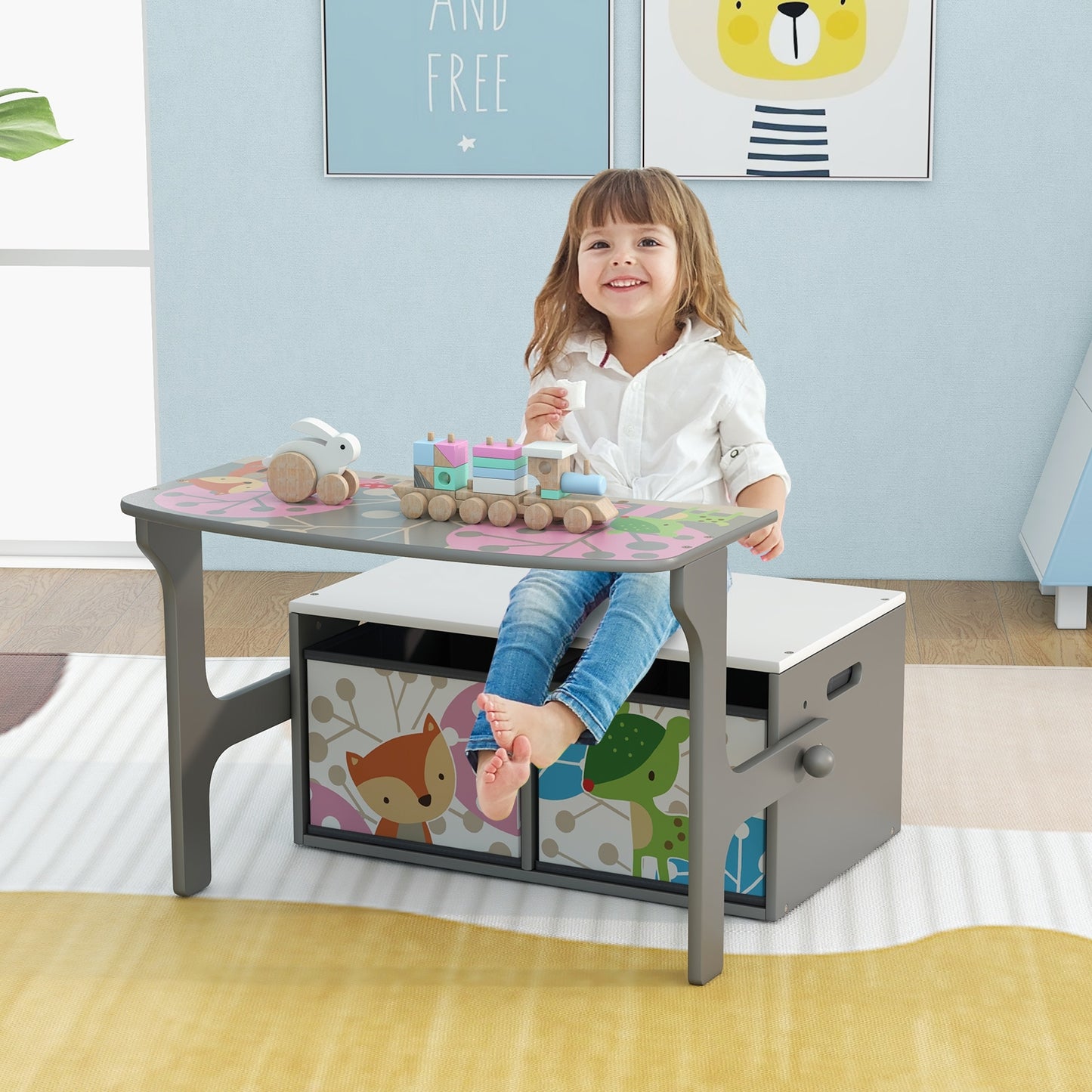 3 in 1 Kids Convertible Activity Bench with 2 Removable Fabric Bins-Gray