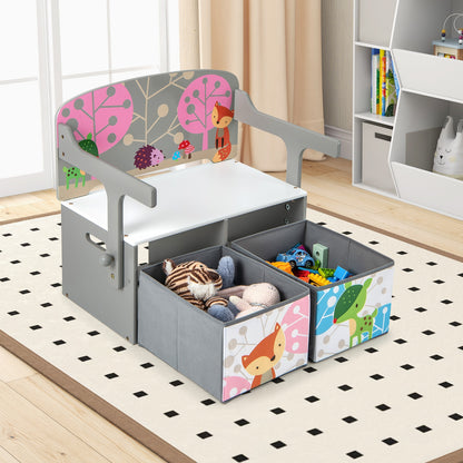 3 in 1 Kids Convertible Activity Bench with 2 Removable Fabric Bins-Gray