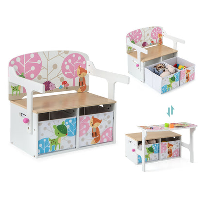 3 in 1 Kids Convertible Activity Bench with 2 Removable Fabric Bins-White