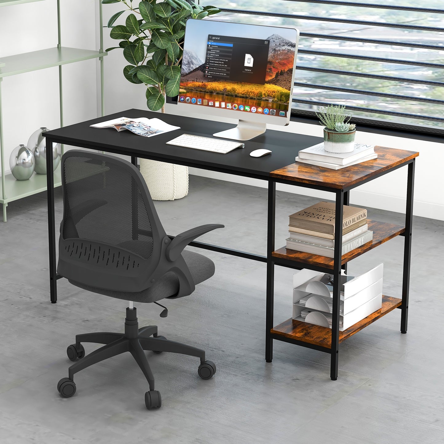 55" Modern Industrial Style Study Writing Desk with 2 Storage Shelves-Black
