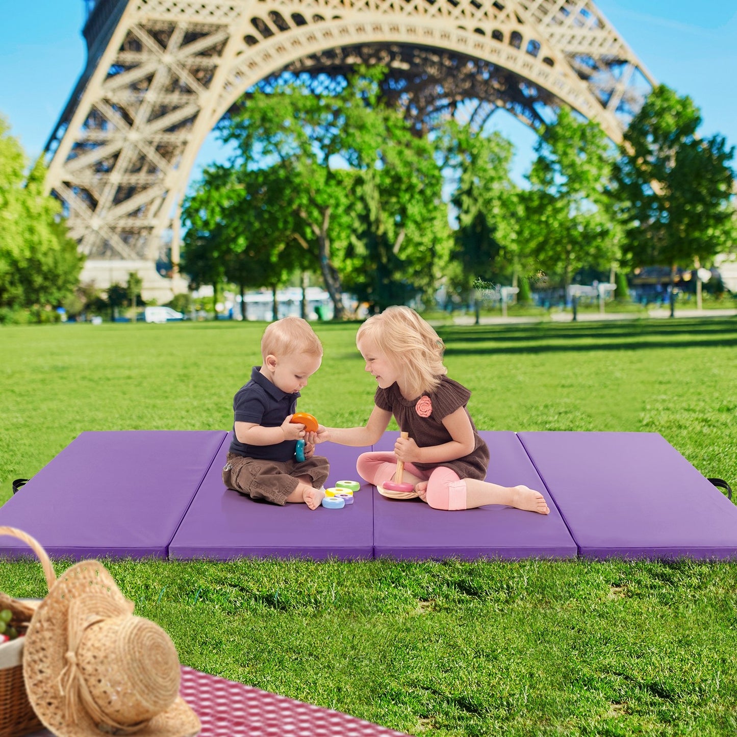 4-Panel PU Leather Folding Exercise Mat with Carrying Handles-Black