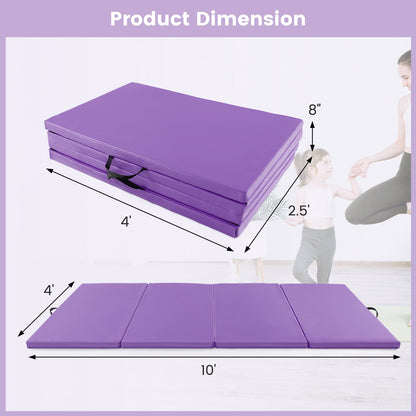 4-Panel PU Leather Folding Exercise Mat with Carrying Handles-Purple