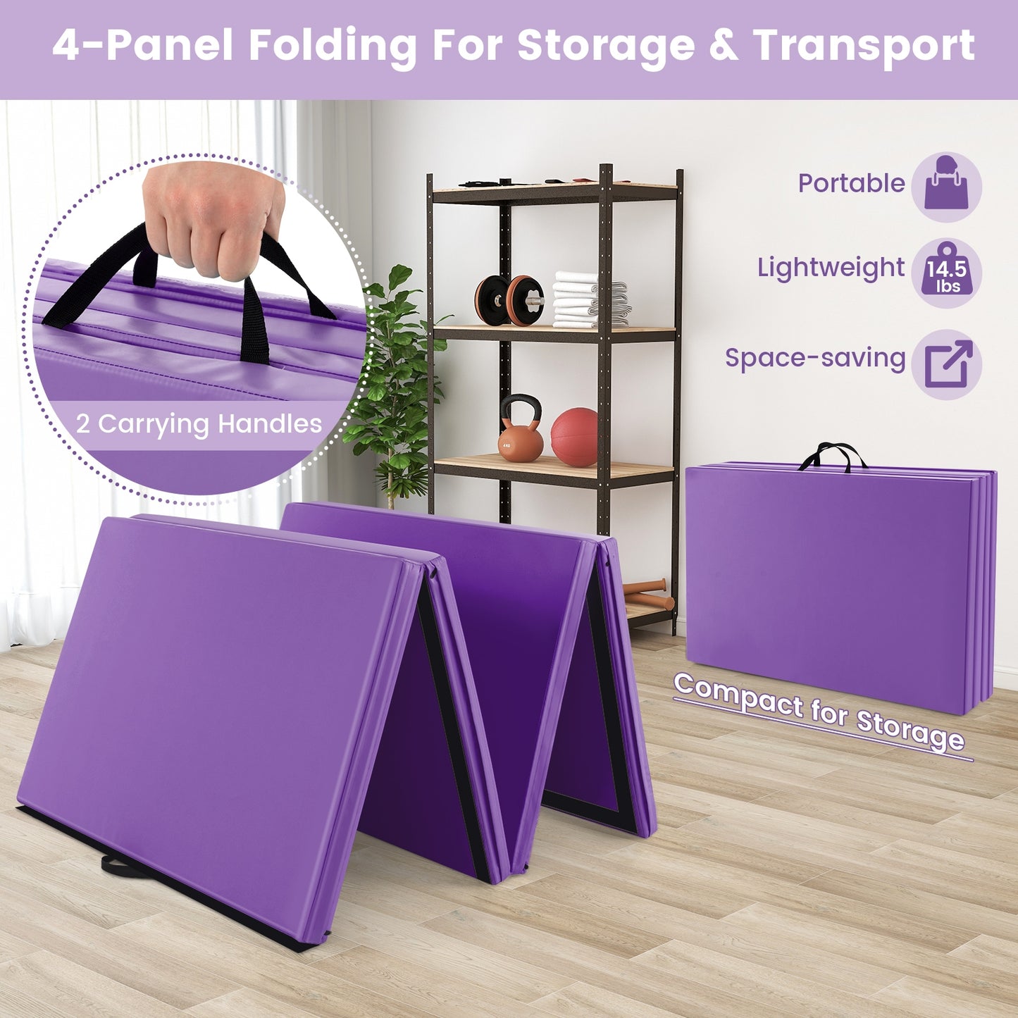 4-Panel PU Leather Folding Exercise Mat with Carrying Handles-Purple