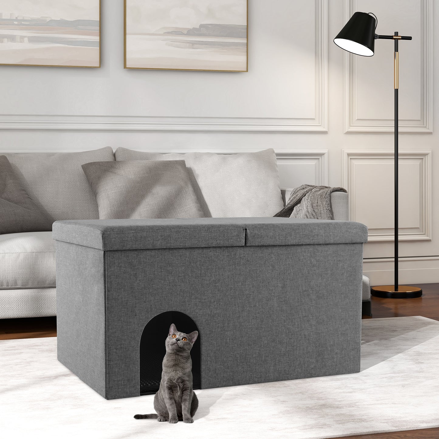 Cat Litter Box Enclosure Hidden Furniture with Urine Proof Litter Mat-Gray