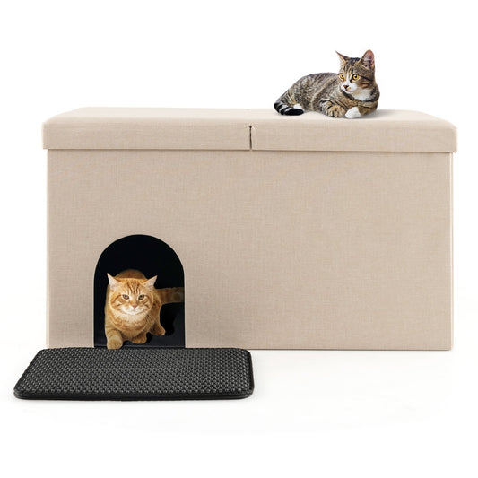 Beige cat litter box enclosure with hidden furniture design and urine-proof litter mat, ideal for stylish pet spaces.