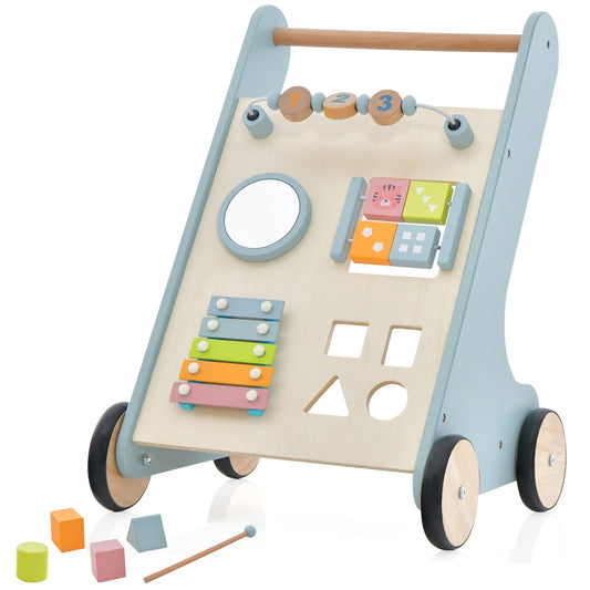 Wooden Baby Walker Toddler Push Walker with  Xylophone and Flip Blocks-Blue