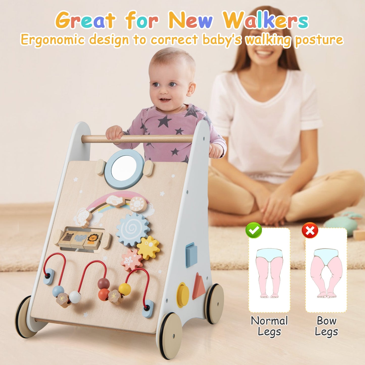 Wooden Baby Walker with Multiple Activities Center for Over 1 Year Old-White