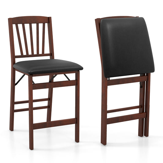 Set of 2 Counter Height Chairs Folding Kitchen Island Stool with Padded Seat-Brown
