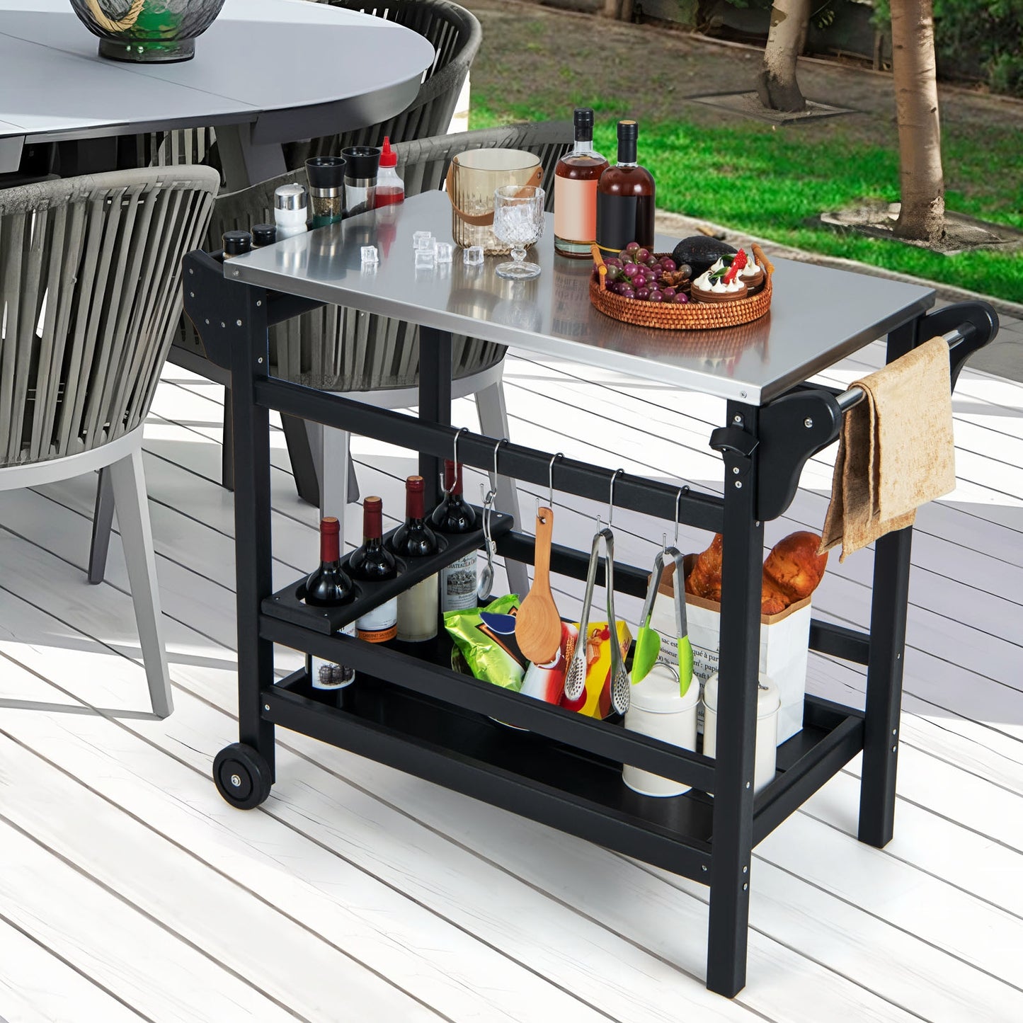 Movable Outdoor Dining Cart Table HDPE Pizza Oven Stand Table with Stainless Steel Tabletop-Black