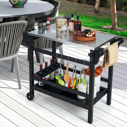 Movable Outdoor Dining Cart Table HDPE Pizza Oven Stand Table with Stainless Steel Tabletop-Black