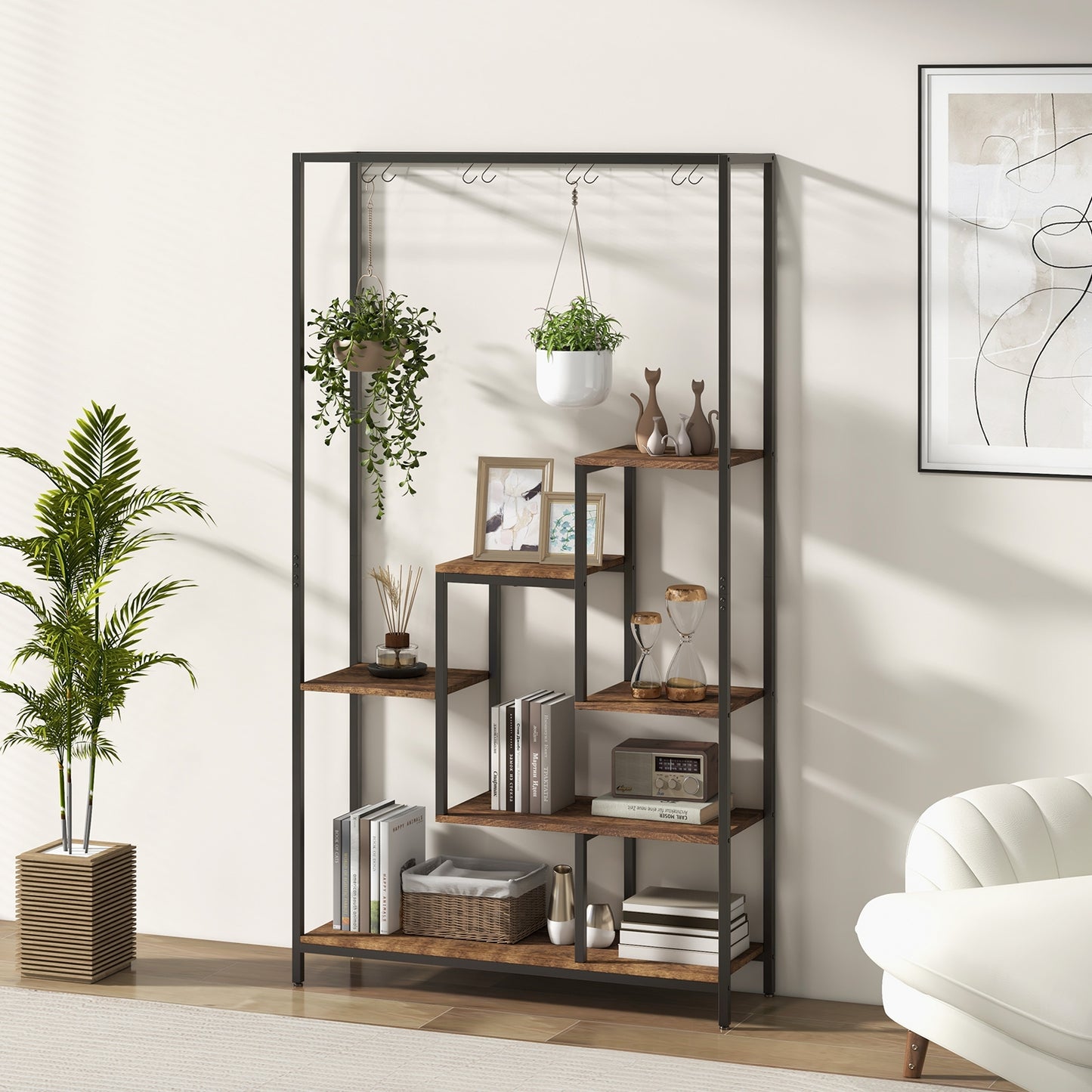 6-Tier Tall Plant Stand 71" Metal Indoor Plant Shelf with 10 Hanging Hooks-Rustic Brown