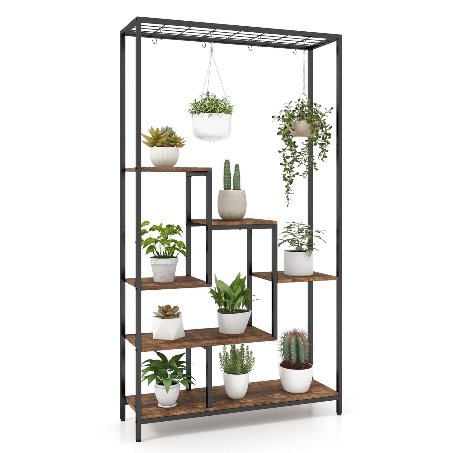 6-Tier Tall Plant Stand 71 Inch Metal Indoor Plant Shelf with 10 Hanging Hooks-Black