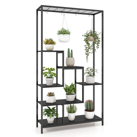6-Tier Tall Plant Stand 71" Metal Indoor Plant Shelf with 10 Hanging Hooks-Black