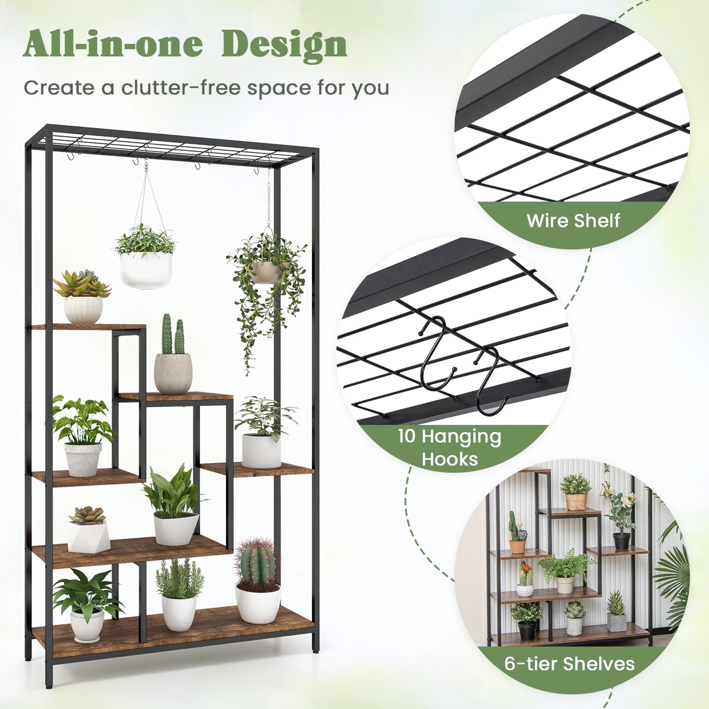 6-Tier Tall Plant Stand 71" Metal Indoor Plant Shelf with 10 Hanging Hooks-Rustic Brown