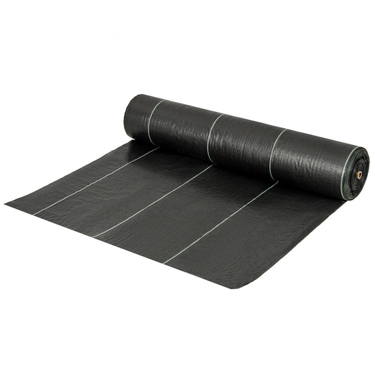 6.5 ft x 330 ft landscape fabric weed barrier for outdoor garden use, shown rolled out on a garden bed.