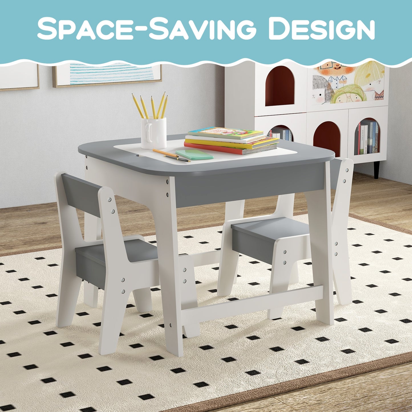 Kid's Table and Chairs Set with Double-sized Tabletop-Gray