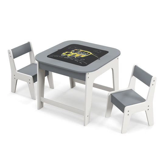 Kid's Table and Chairs Set with Double-sized Tabletop-Gray