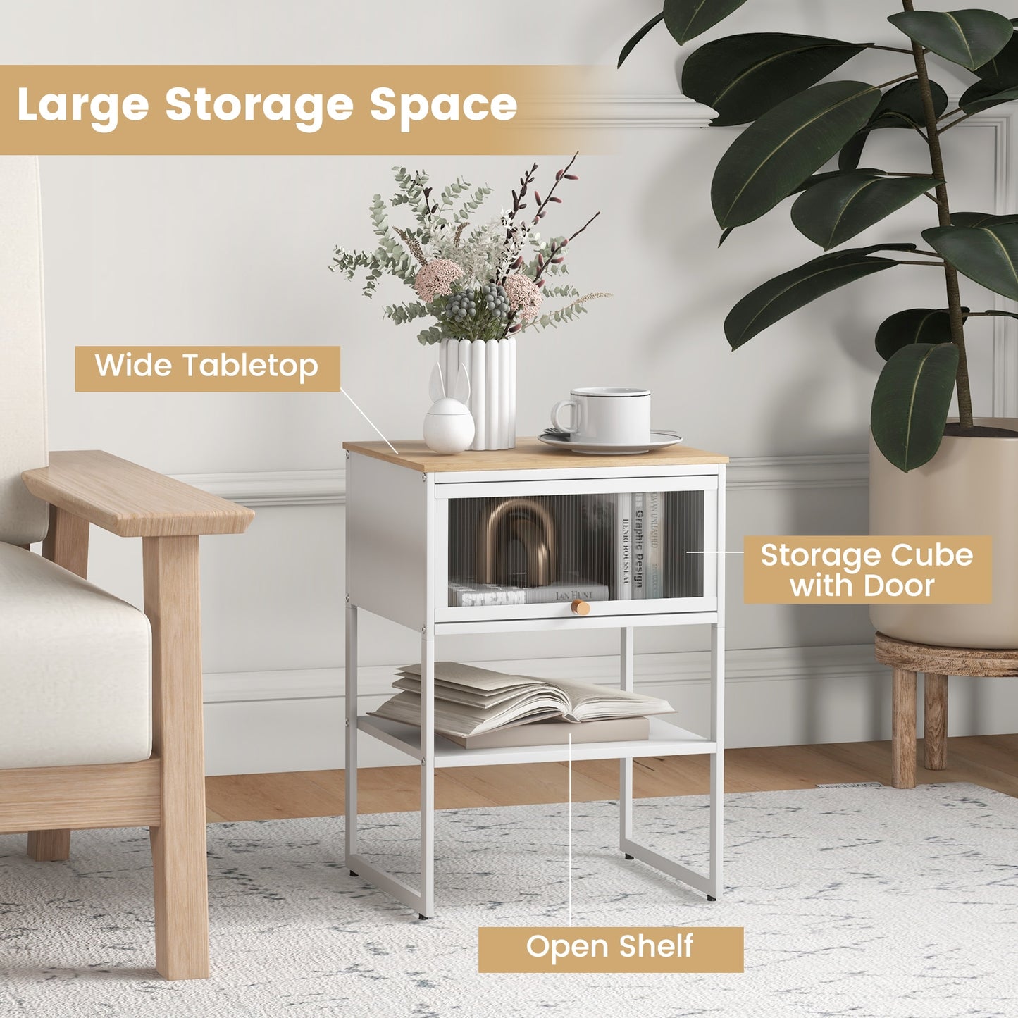 Nightstand with Flip up Door Storage Shelf-White