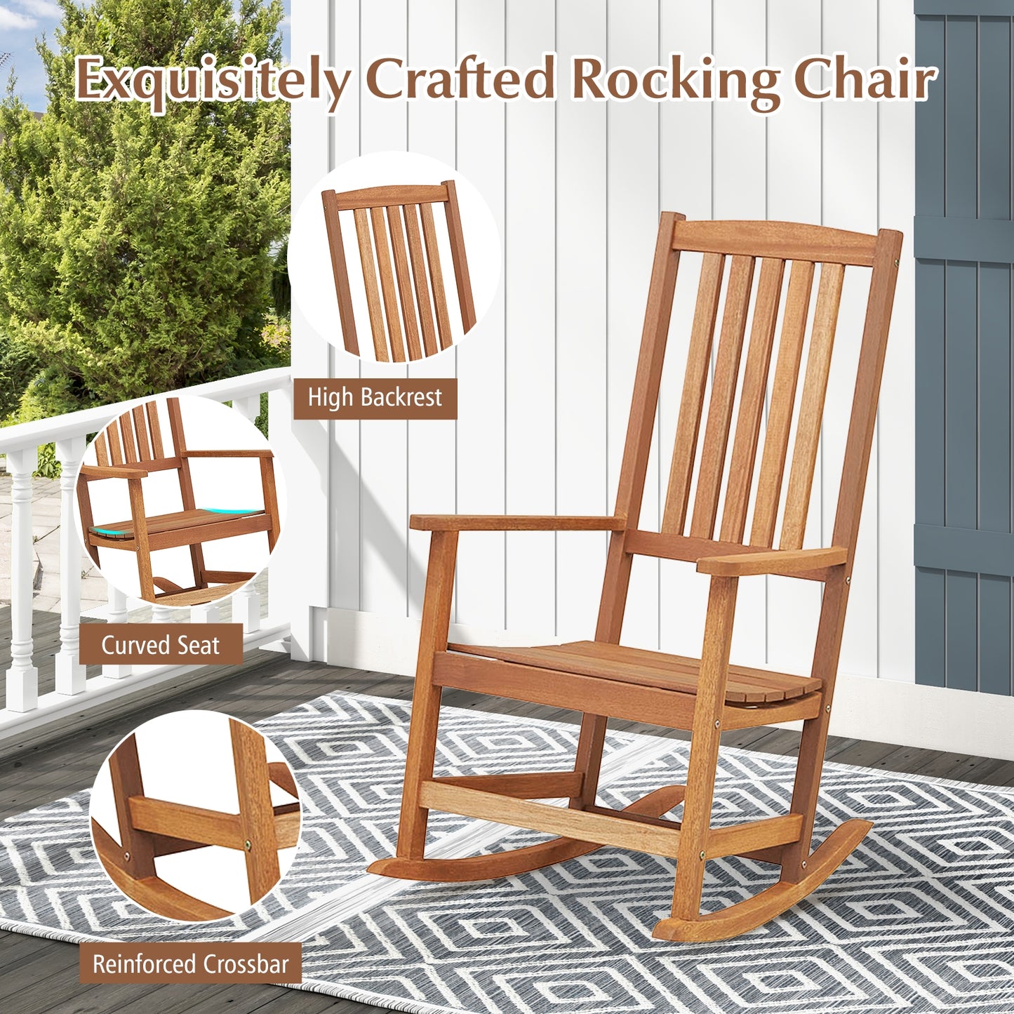 Patio Rocking Chair Ergonomic High-Back Outdoor Rocker with Smooth Rocking Base
