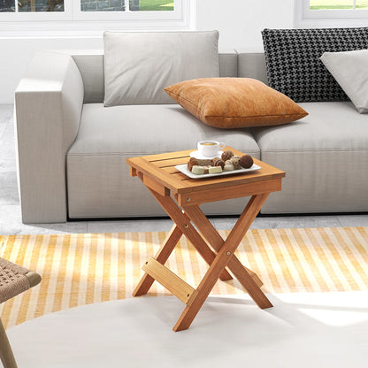 14 Inch Compact Folding Side Table with Slatted Tabletop