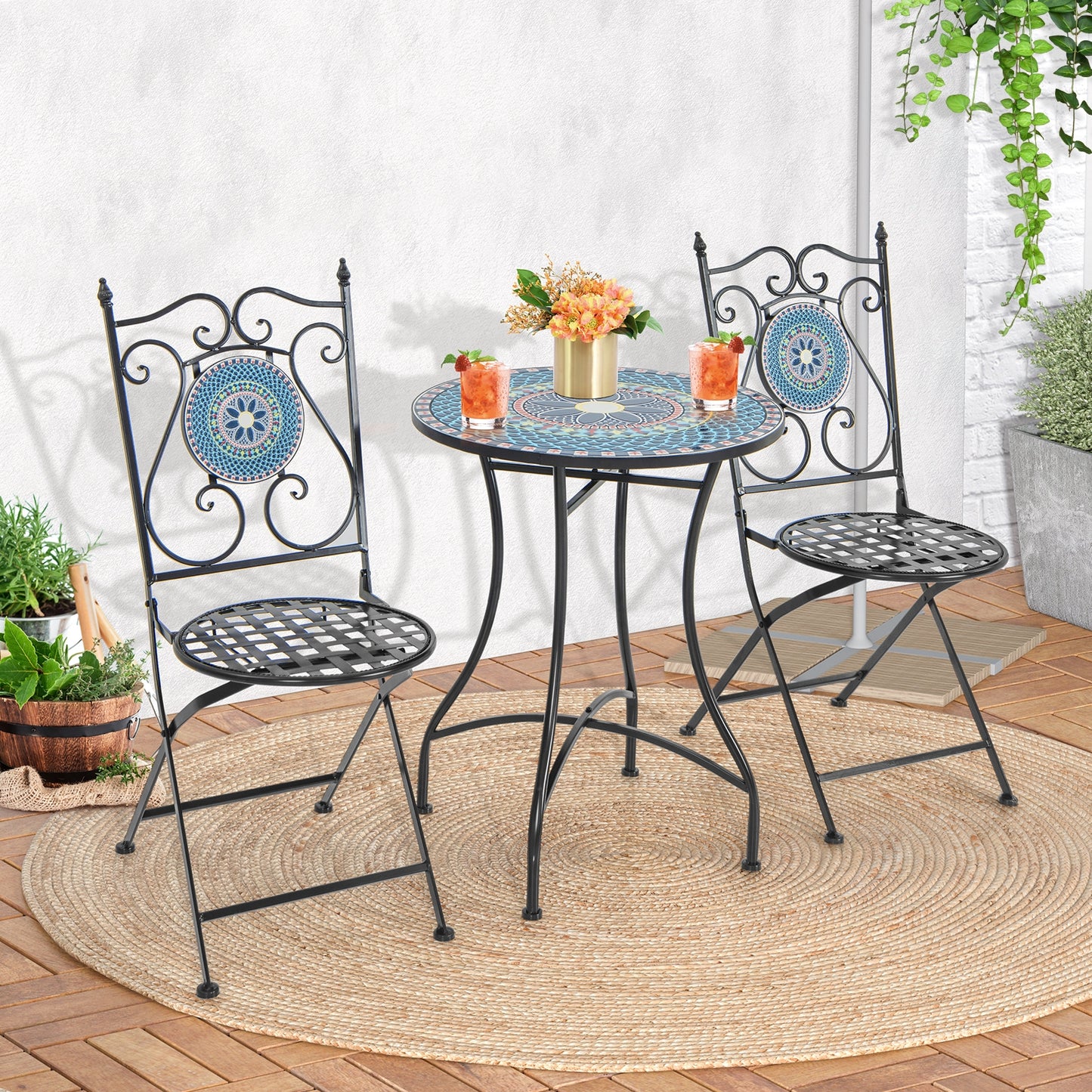 24 Inch Patio Bistro Table with Ceramic Tile Tabletop-Black