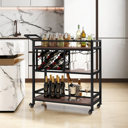 3-tier Bar Cart on Wheels Home Kitchen Serving Cart with Wine Rack and Glasses Holder-Brown