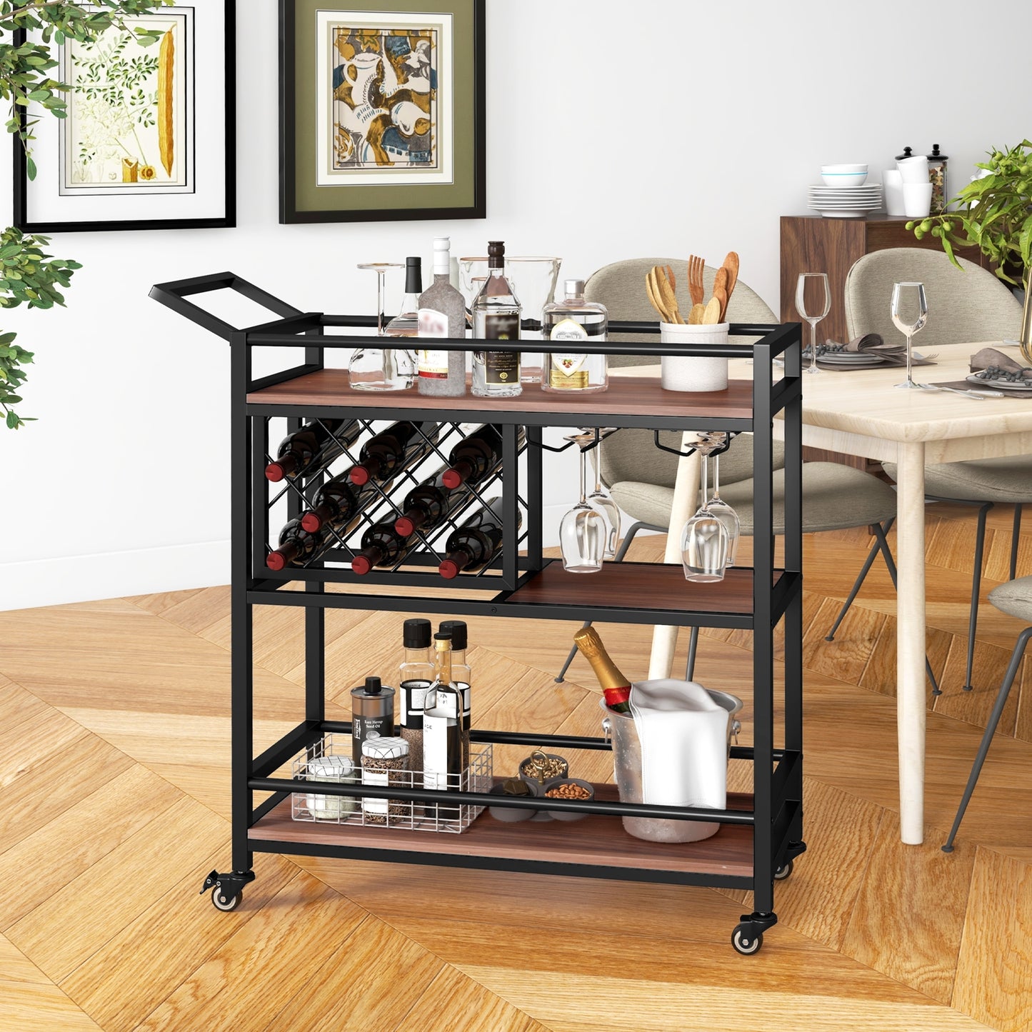 3-tier Bar Cart on Wheels Home Kitchen Serving Cart with Wine Rack and Glasses Holder-Brown