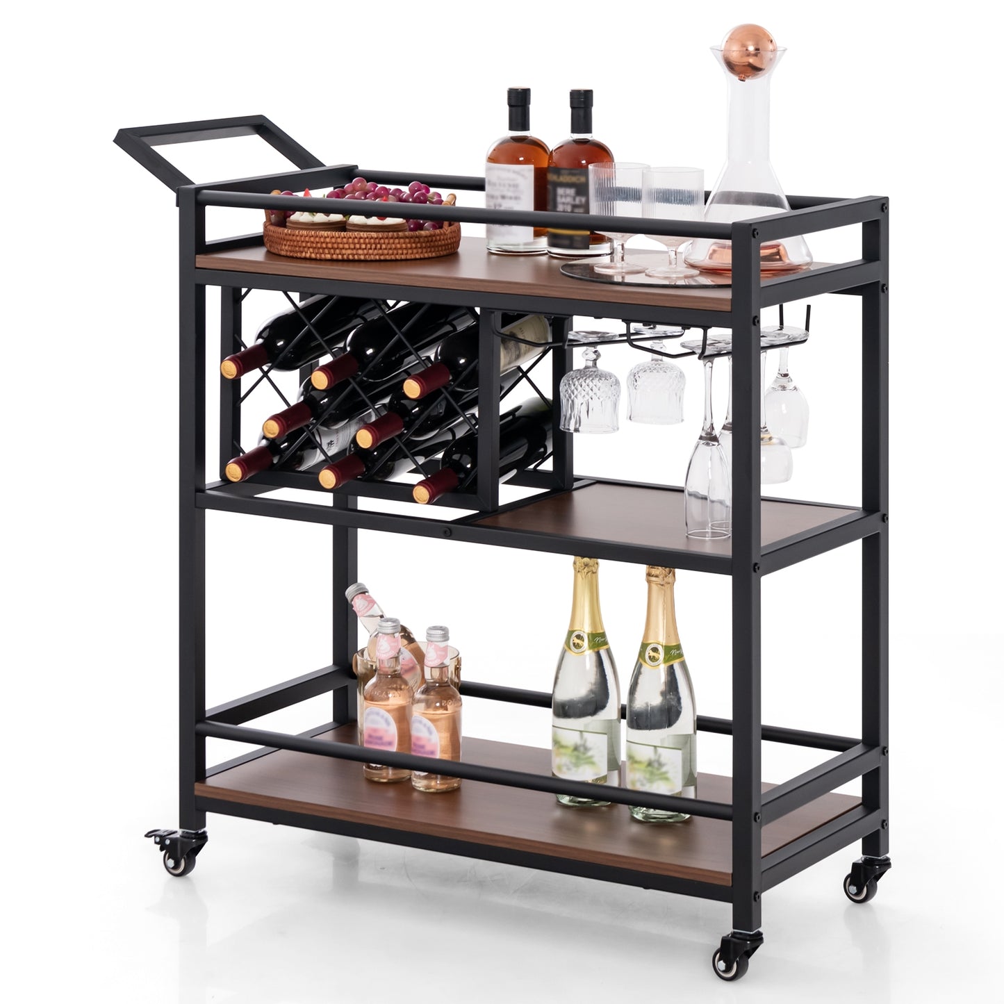 3-tier Bar Cart on Wheels Home Kitchen Serving Cart with Wine Rack and Glasses Holder-Brown