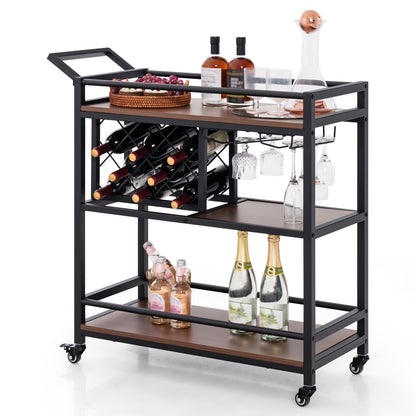 3-tier Bar Cart on Wheels Home Kitchen Serving Cart with Wine Rack and Glasses Holder-Brown