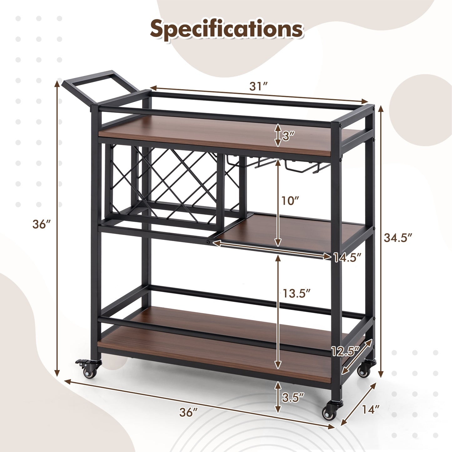 3-tier Bar Cart on Wheels Home Kitchen Serving Cart with Wine Rack and Glasses Holder-Brown