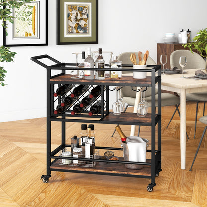 3-tier Bar Cart on Wheels Home Kitchen Serving Cart with Wine Rack and Glasses Holder-Rustic Brown