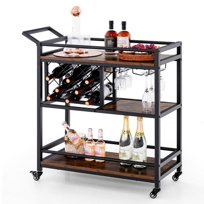 3-tier Bar Cart on Wheels Home Kitchen Serving Cart with Wine Rack and Glasses Holder-Rustic Brown