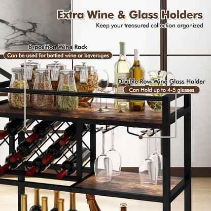 3-tier Bar Cart on Wheels Home Kitchen Serving Cart with Wine Rack and Glasses Holder-Rustic Brown