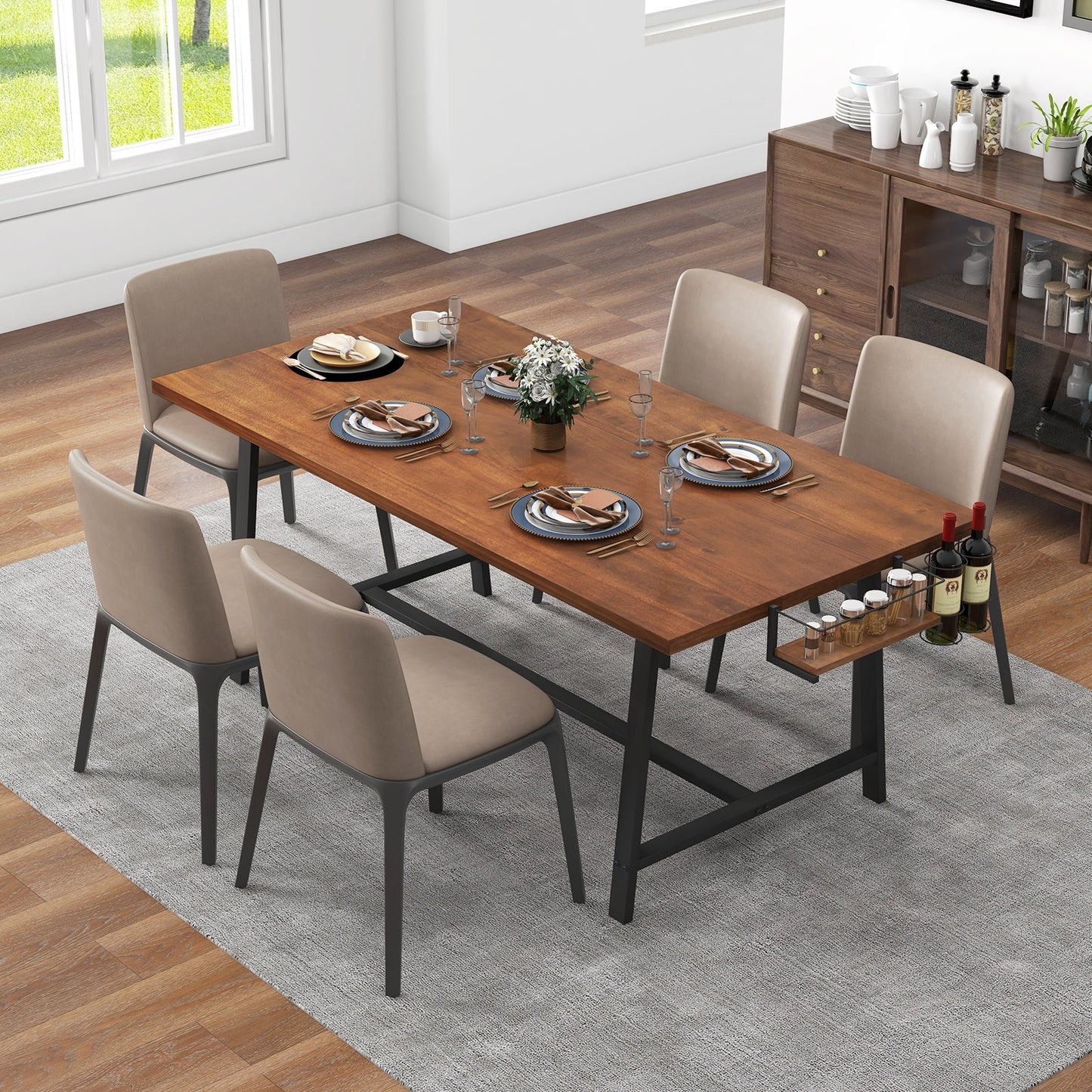 72 Inch Dining Table Rectangular Kitchen Table with 2-Bottle Wine Rack for 5-7-Walnut