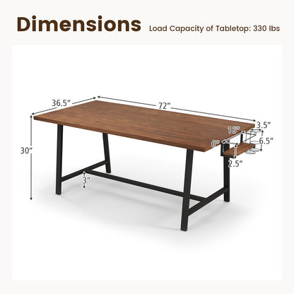 72 Inch Dining Table Rectangular Kitchen Table with 2-Bottle Wine Rack for 5-7-Walnut