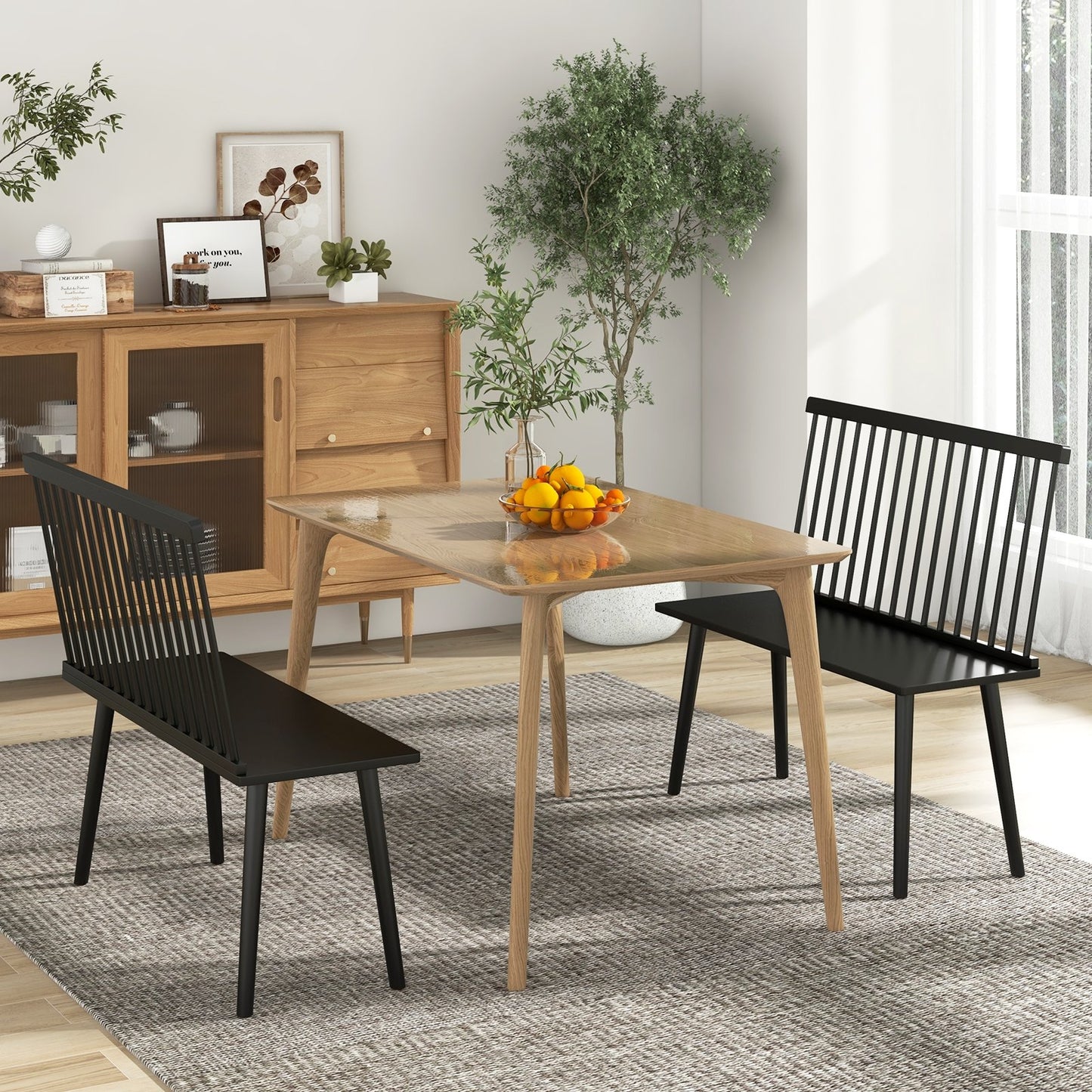 Dining Windsor Bench with Spindle Back and Anti-Slip Foot Pads-Black