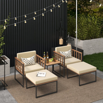 5 Piece Outdoor Furniture Set Acacia Wood Chair Set with Ottomans and Coffee Table-Beige