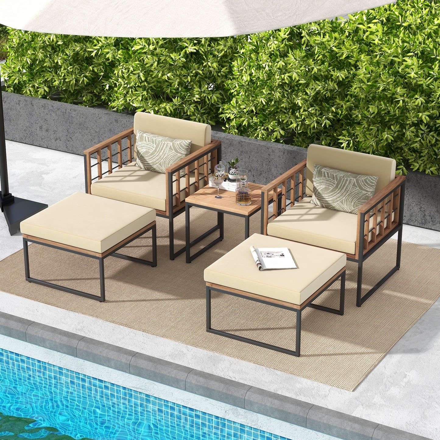 5 Piece Outdoor Furniture Set Acacia Wood Chair Set with Ottomans and Coffee Table-Beige