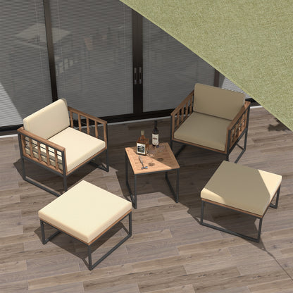 5 Piece Outdoor Furniture Set Acacia Wood Chair Set with Ottomans and Coffee Table-Beige