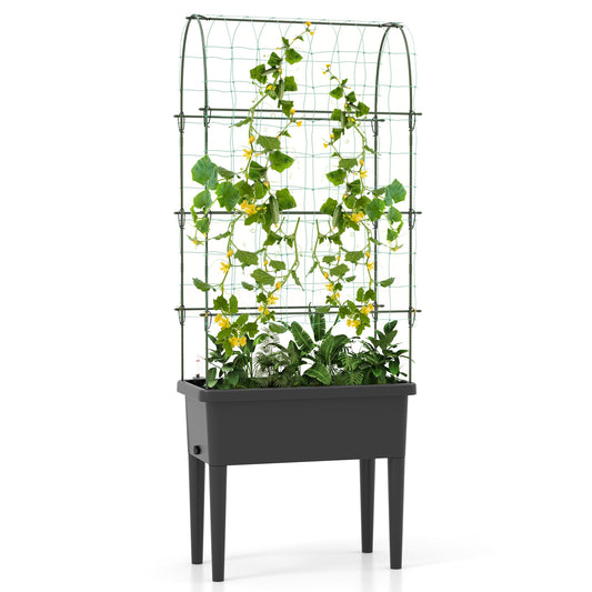 Self-watering Raised Garden Bed Elevated Planter with Climbing Trellis-Black
