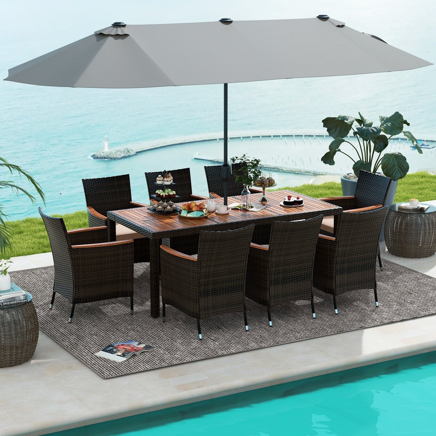 9 Piece Outdoor Dining Set with 15 Feet Double-Sided Twin Patio Umbrella-Beige