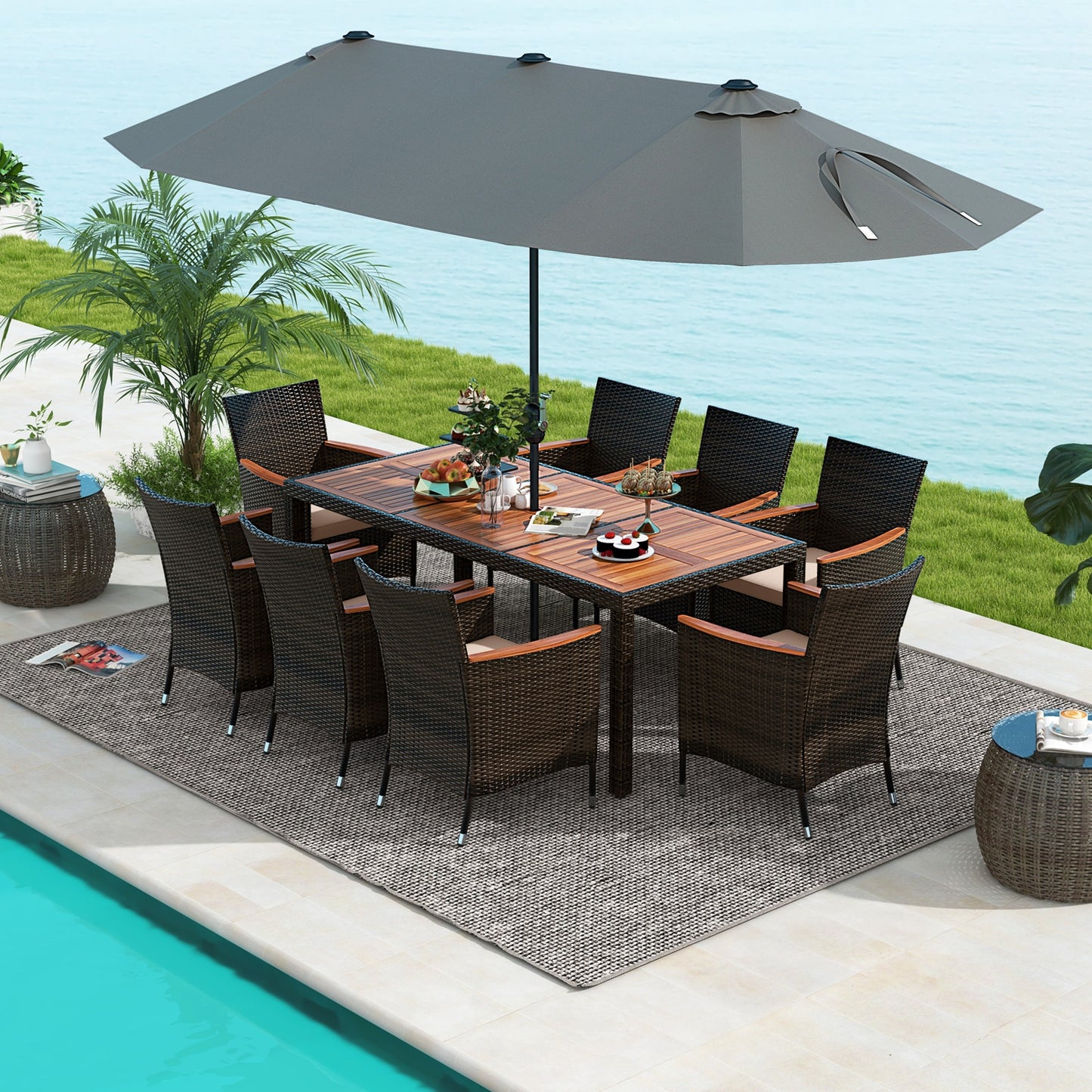 9 Piece Outdoor Dining Set with 15 Feet Double-Sided Twin Patio Umbrella-Beige