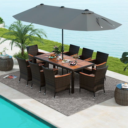 9 Piece Outdoor Dining Set with 15 Feet Double-Sided Twin Patio Umbrella-Beige