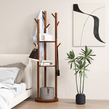 Freestanding Wooden Coat Tree with 3 Display Storage Shelves and 9 Hooks
