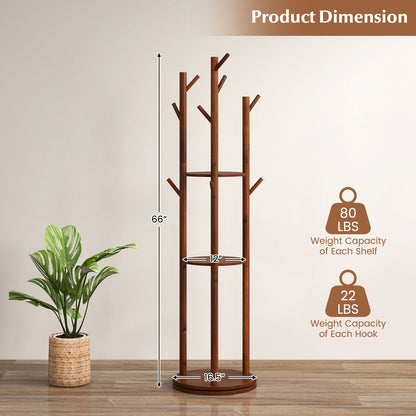 Freestanding Wooden Coat Tree with 3 Display Storage Shelves and 9 Hooks