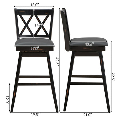2 Pieces 29 Inch Swivel Counter Height Barstool Set with Rubber Wood Legs-Black
