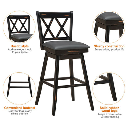 2 Pieces 29 Inch Swivel Counter Height Barstool Set with Rubber Wood Legs-Black