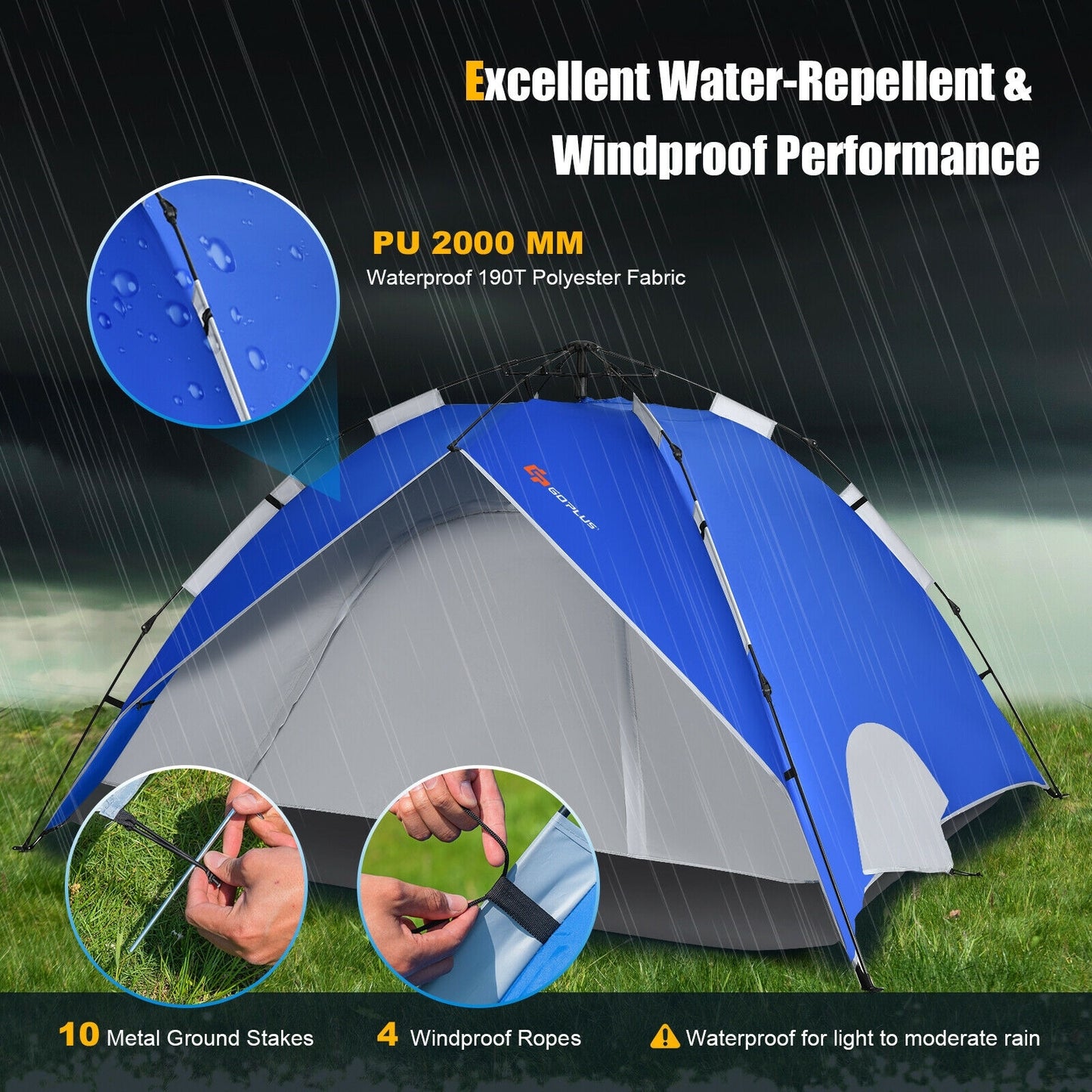 2-in-1 4 Person Instant Pop-up Waterproof Camping Tent-Blue